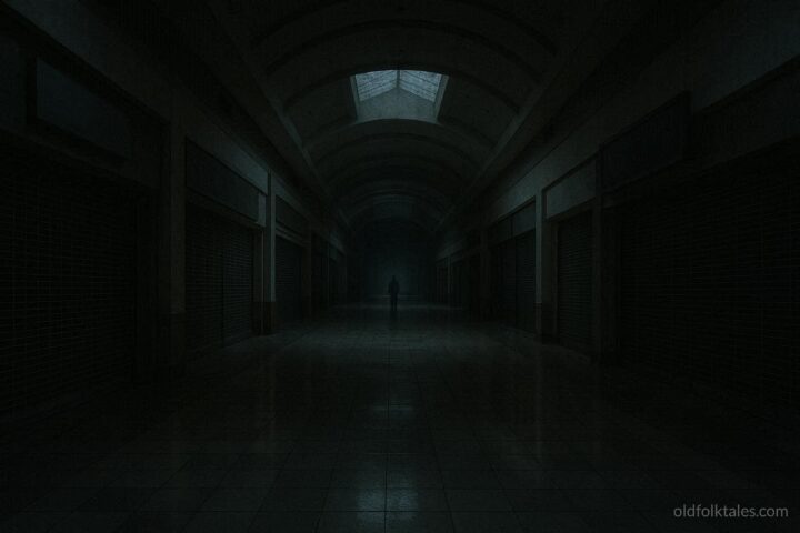 Empty abandoned shopping mall corridor with distant humanoid silhouette