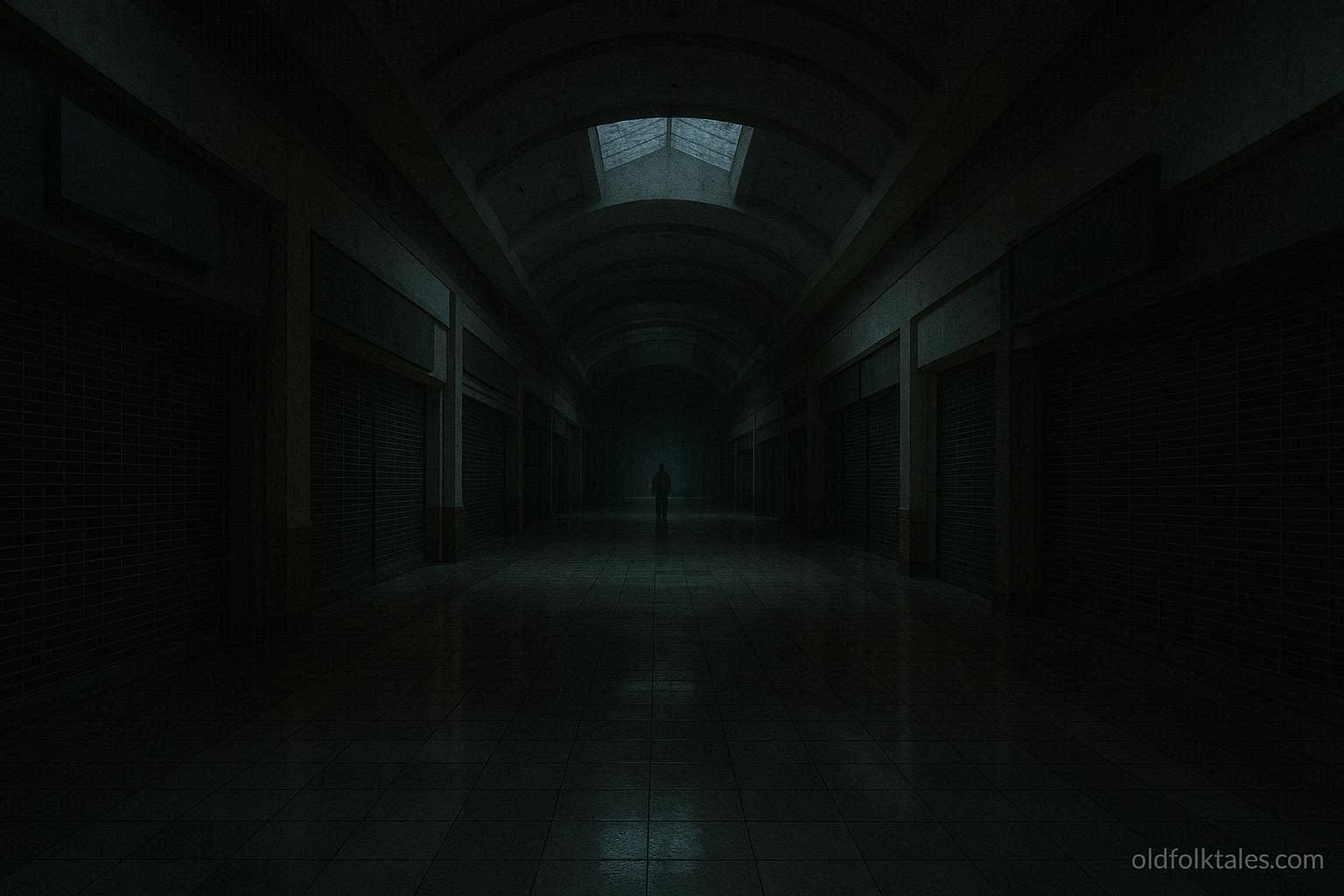 Empty abandoned shopping mall corridor with distant humanoid silhouette