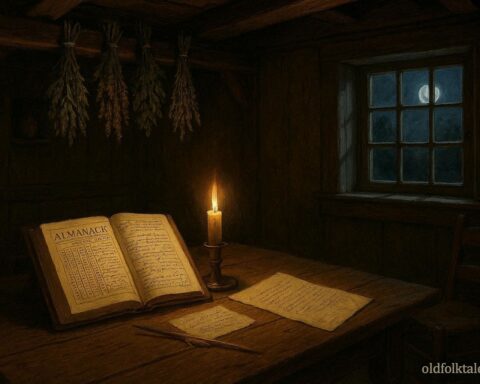 Colonial healer’s table with open almanac and dried medicinal herbs by candlelight