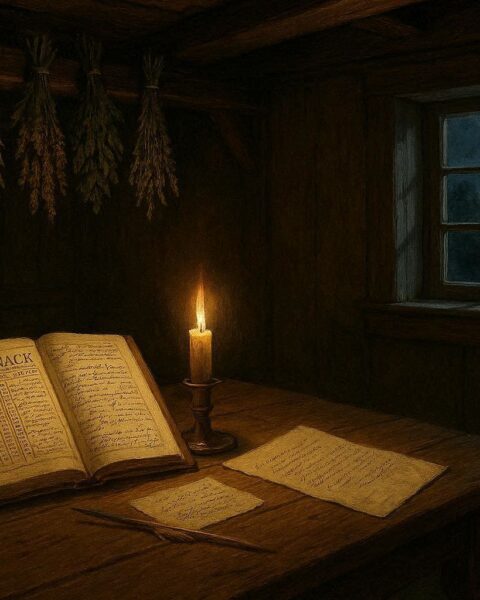 Colonial healer’s table with open almanac and dried medicinal herbs by candlelight