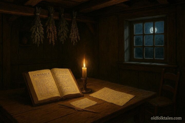 Colonial healer’s table with open almanac and dried medicinal herbs by candlelight
