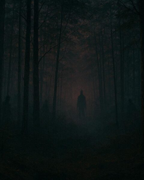 Shadowy figure in Appalachian forest hollow with mysterious echoing voice
