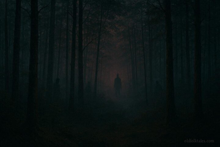 Shadowy figure in Appalachian forest hollow with mysterious echoing voice