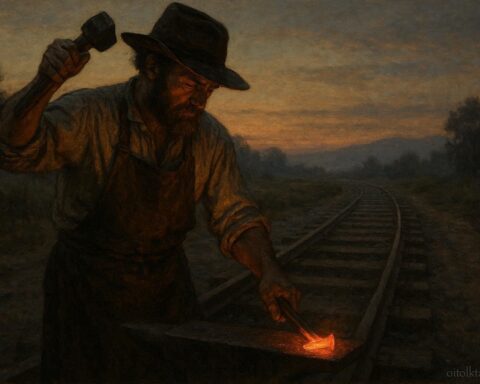 A historic blacksmith forging a glowing railroad spike in a riverbank forge as early locomotives approach
