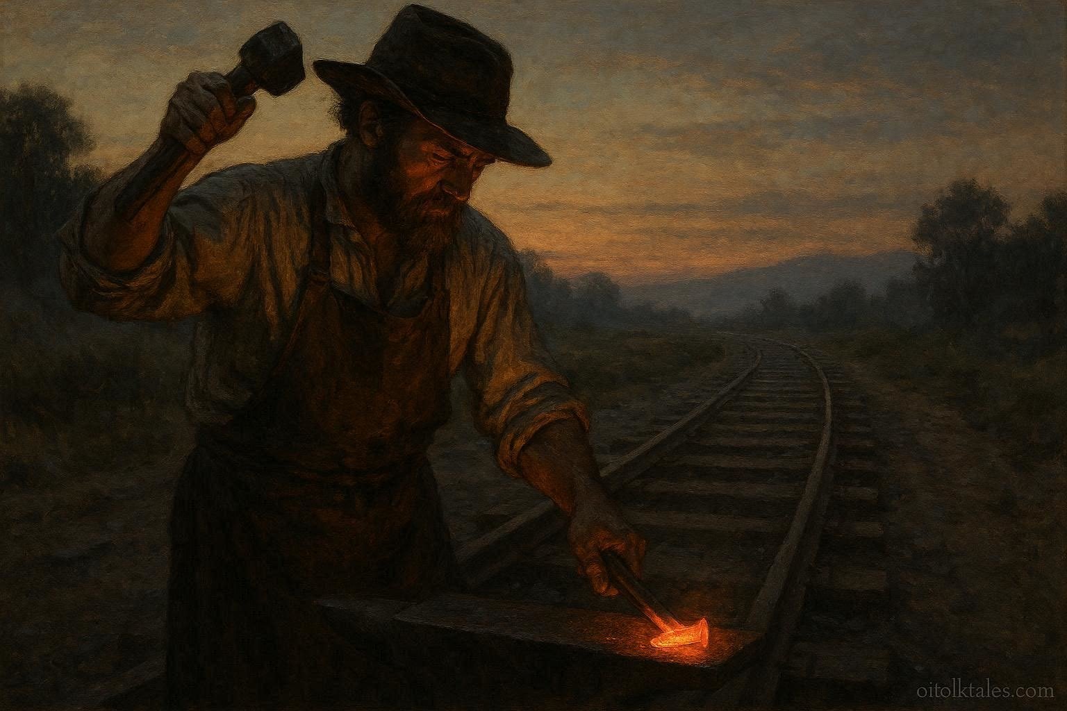A historic blacksmith forging a glowing railroad spike in a riverbank forge as early locomotives approach