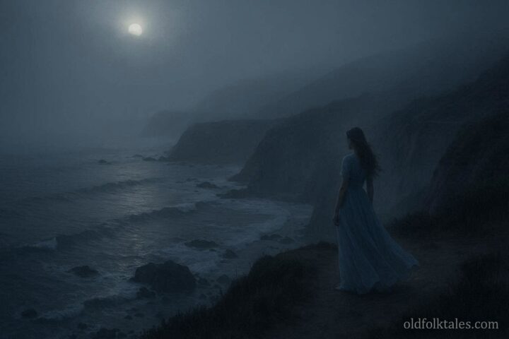 Blue Lady apparition near foggy coastal cliffs at Moss Beach, California