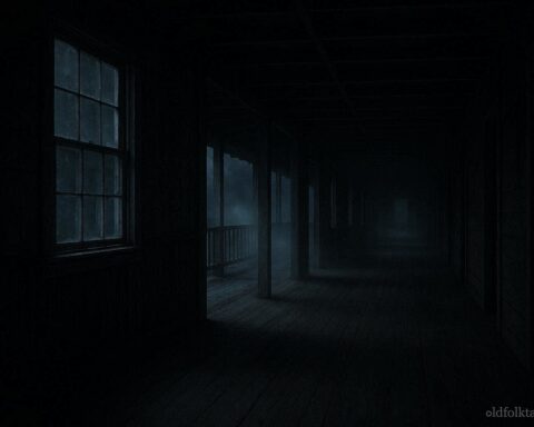 Fog filled hallway inside abandoned immigration barracks on Angel Island at night