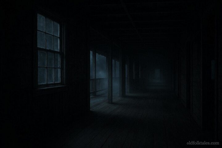 Fog filled hallway inside abandoned immigration barracks on Angel Island at night