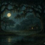 A quiet Southern marsh at night with moss-covered trees and a distant cabin