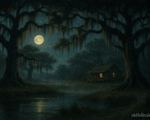 A quiet Southern marsh at night with moss-covered trees and a distant cabin