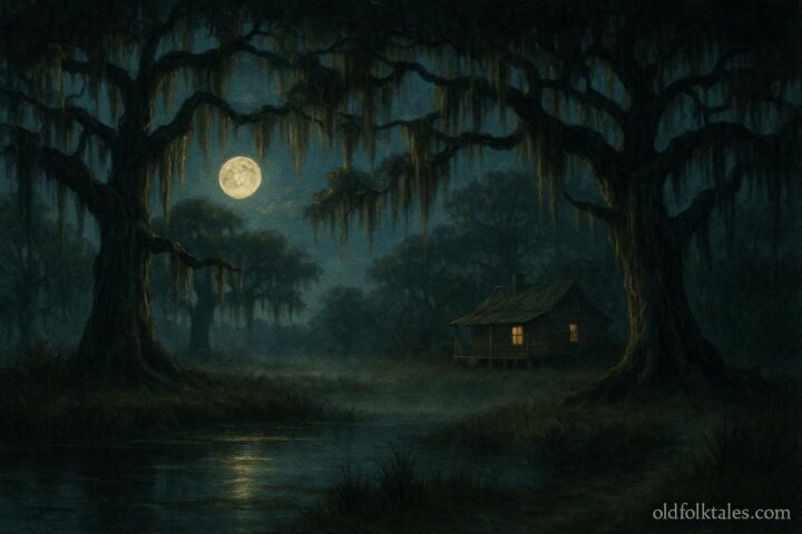 A quiet Southern marsh at night with moss-covered trees and a distant cabin