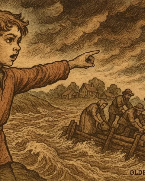 A boy directs villagers to construct barriers as a river floods a Southern community