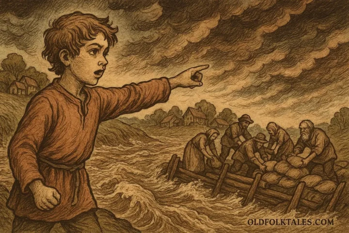 A boy directs villagers to construct barriers as a river floods a Southern community