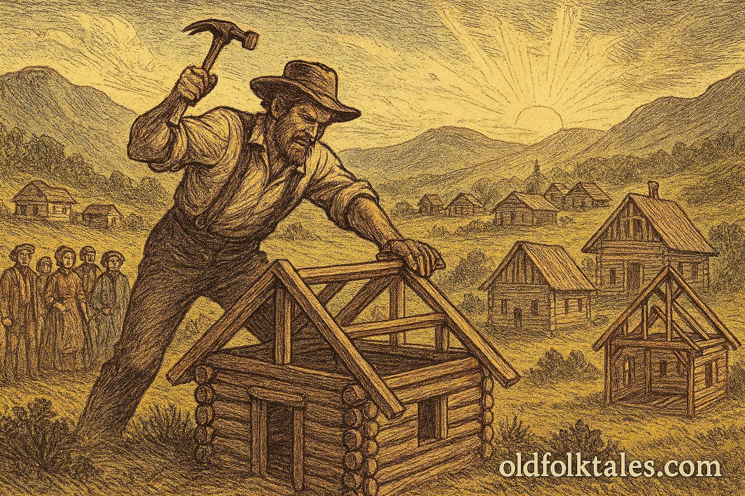 A 19th-century carpenter builds several frontier houses rapidly as villagers look on in awe