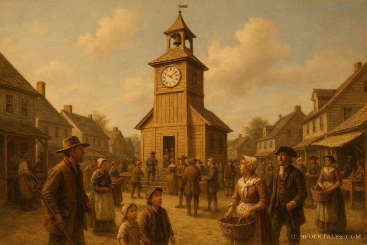A shared town clock brings order and cooperation to an early American community.