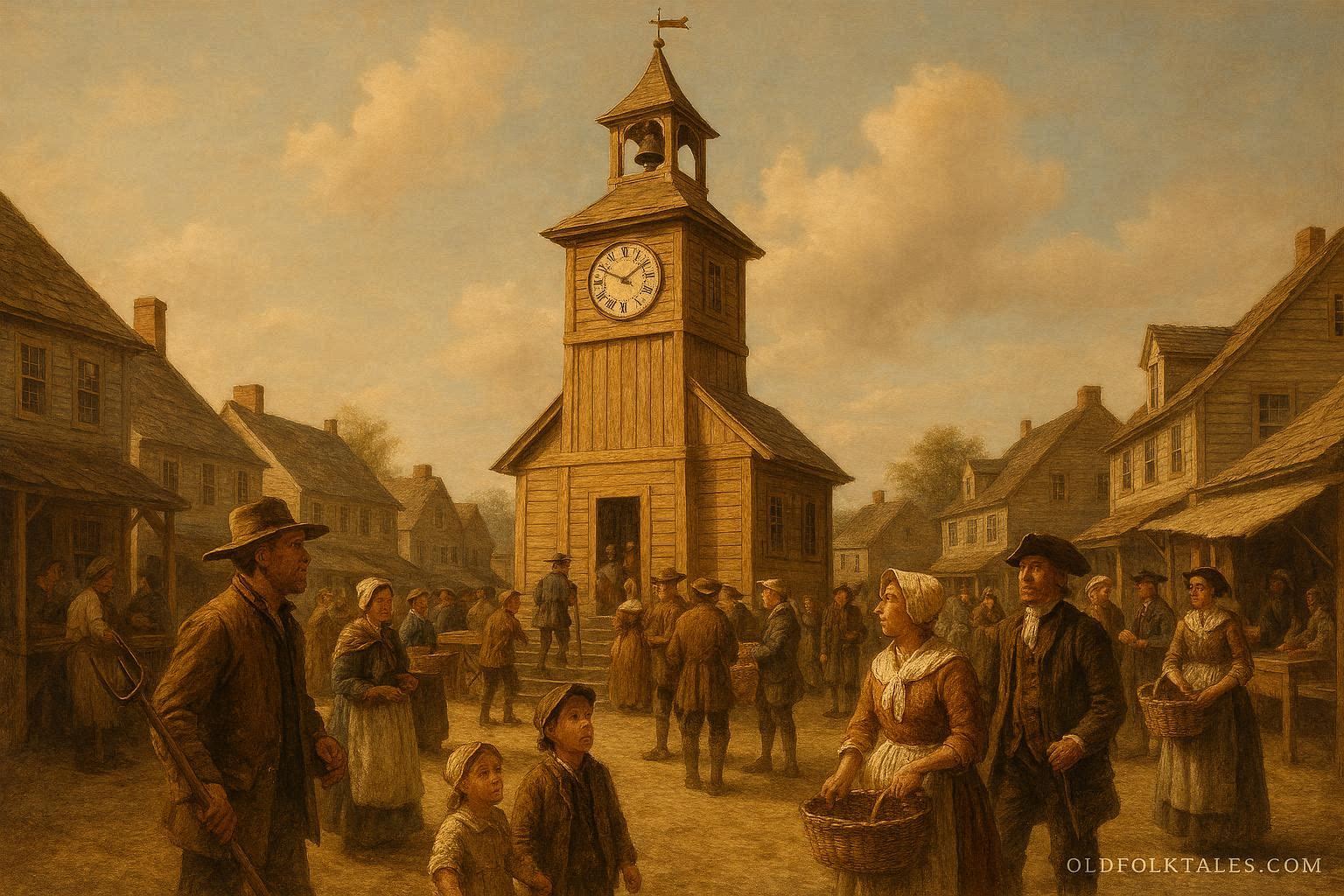 A shared town clock brings order and cooperation to an early American community.
