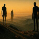 Shadowy humanoid figures standing on a California mountain ridge at sunset, overlooking a vast and silent landscape.