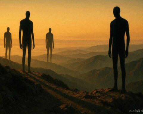 Shadowy humanoid figures standing on a California mountain ridge at sunset, overlooking a vast and silent landscape.