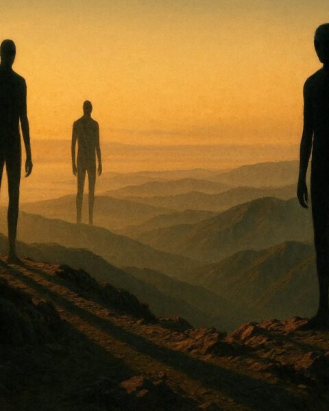 Shadowy humanoid figures standing on a California mountain ridge at sunset, overlooking a vast and silent landscape.