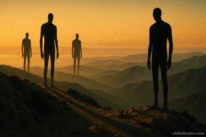Shadowy humanoid figures standing on a California mountain ridge at sunset, overlooking a vast and silent landscape.