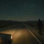 Human shaped figure walking beside a desert highway at night