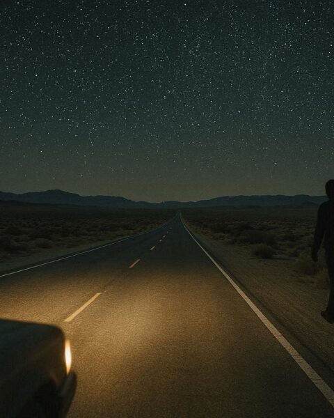 Human shaped figure walking beside a desert highway at night