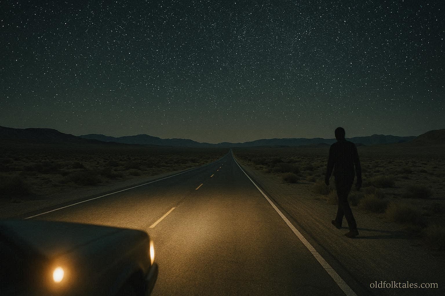 Human shaped figure walking beside a desert highway at night