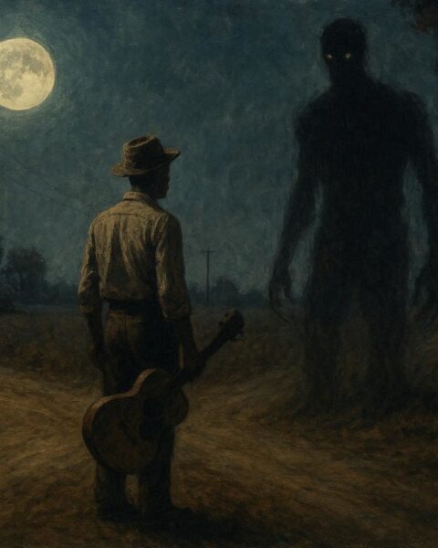 A lone blues musician stands at a rural crossroads at midnight, holding a guitar under a moonlit sky, with a shadowy figure emerging from the darkness