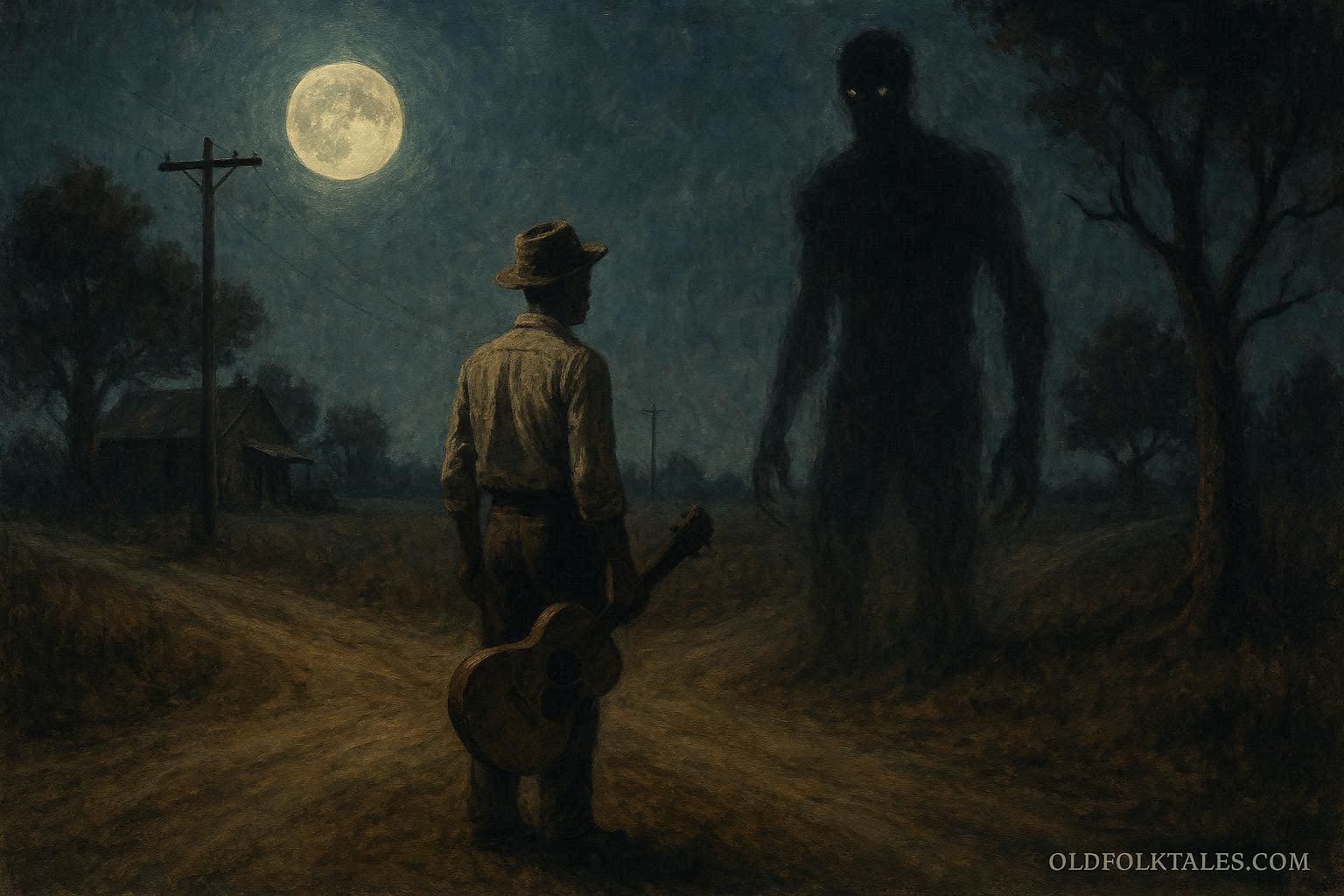 A lone blues musician stands at a rural crossroads at midnight, holding a guitar under a moonlit sky, with a shadowy figure emerging from the darkness