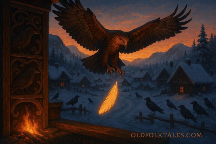 A golden eagle carrying a glowing feather over a Crow village in winter dawn, with a carved wooden shelf visible in the foreground.