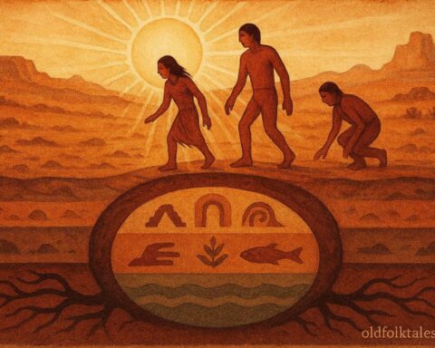 Humans emerging through the Sipapu into the present world.