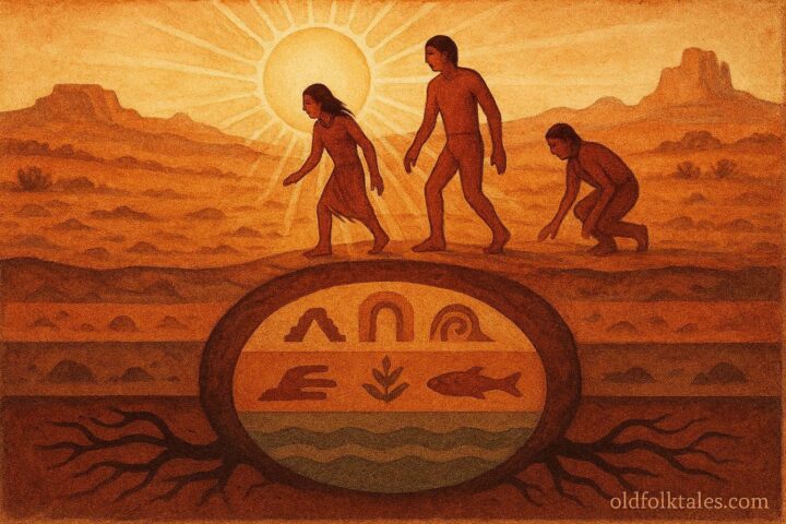 Humans emerging through the Sipapu into the present world.
