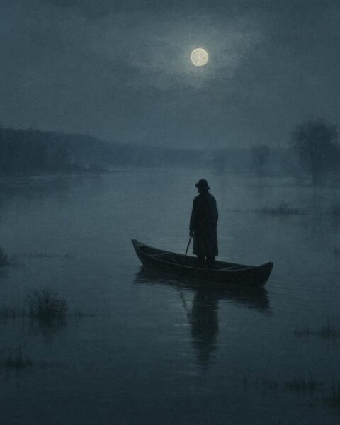 A small boat appearing in mist during a river flood at night