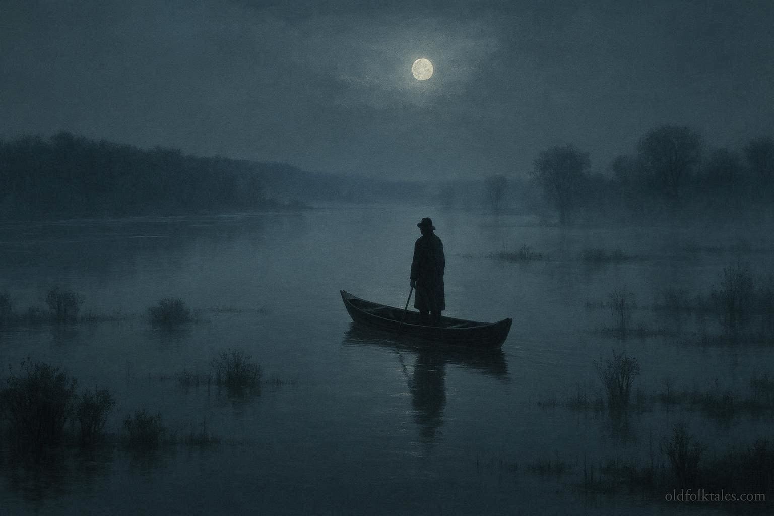 A small boat appearing in mist during a river flood at night