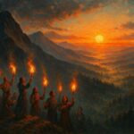 Coast Salish humans performing fire ritual at first sunrise, light spreading over mountains and forests.