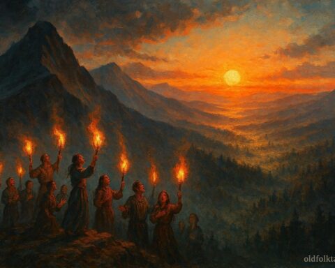 Coast Salish humans performing fire ritual at first sunrise, light spreading over mountains and forests.