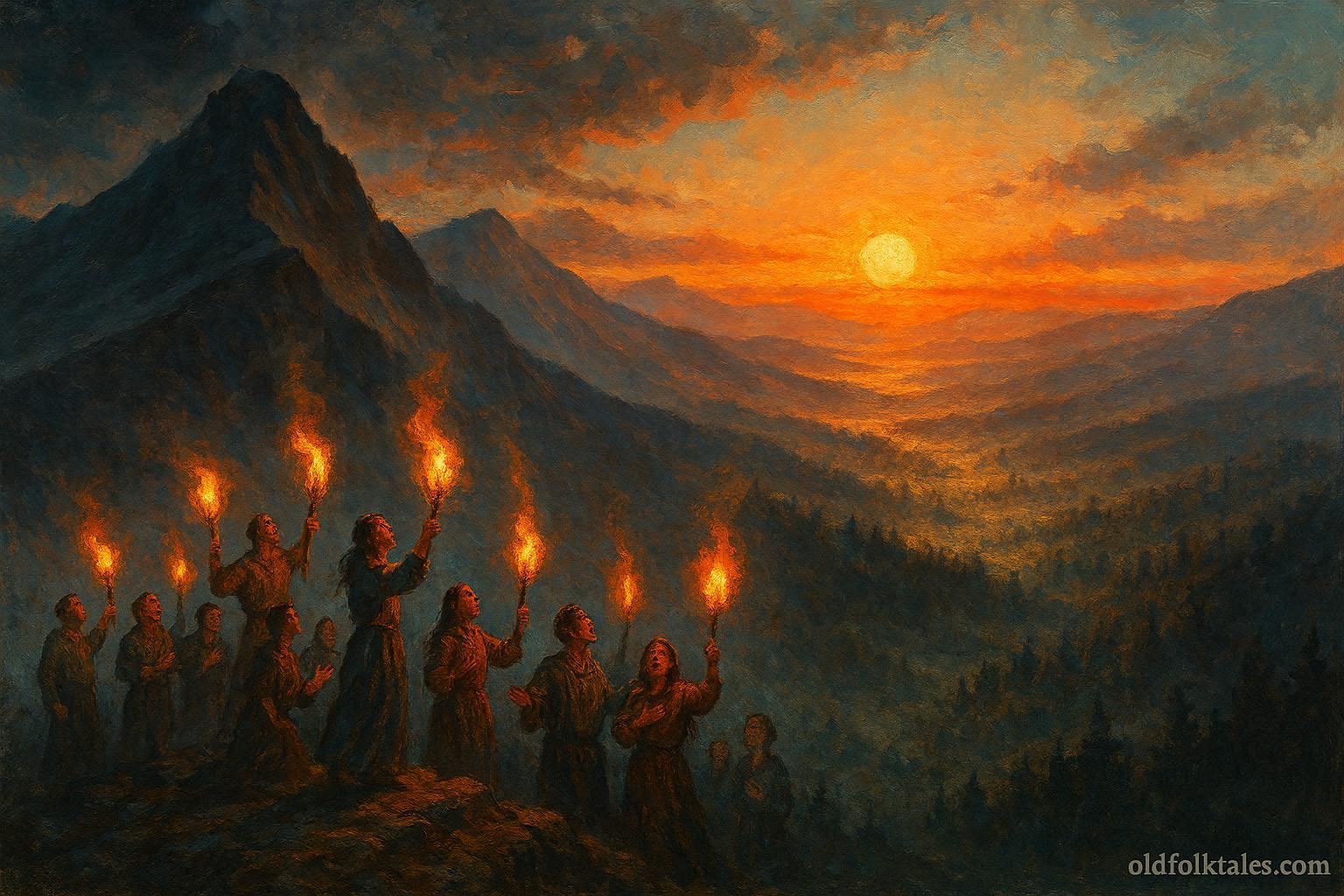 Coast Salish humans performing fire ritual at first sunrise, light spreading over mountains and forests.