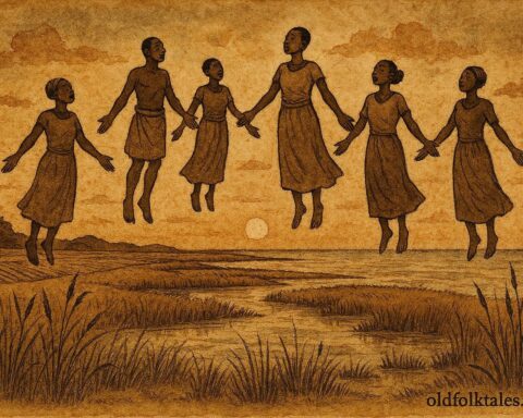 African figures rising above coastal fields, African American folklore scene.