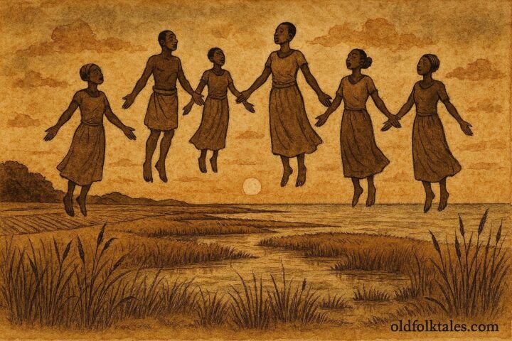 African figures rising above coastal fields, African American folklore scene.