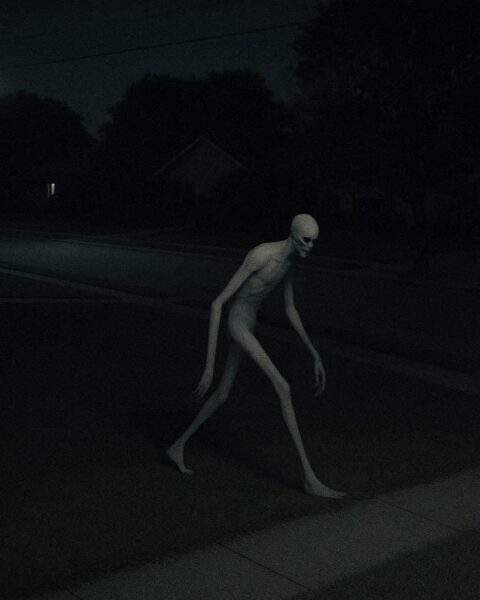 Pale humanoid figure with long legs gliding silently across a suburban street at night