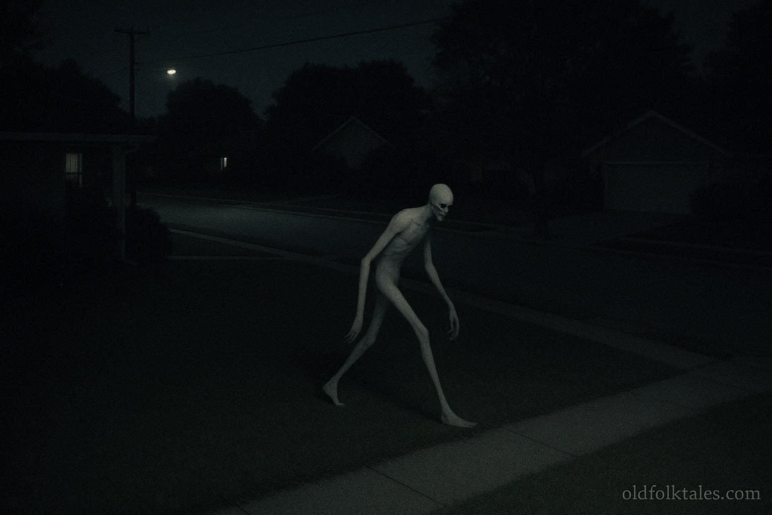 Pale humanoid figure with long legs gliding silently across a suburban street at night