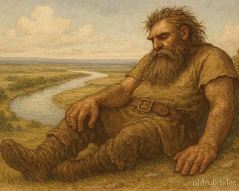 A gentle giant resting beside a wide curved Mississippi River, shaping the land as water flows around him.