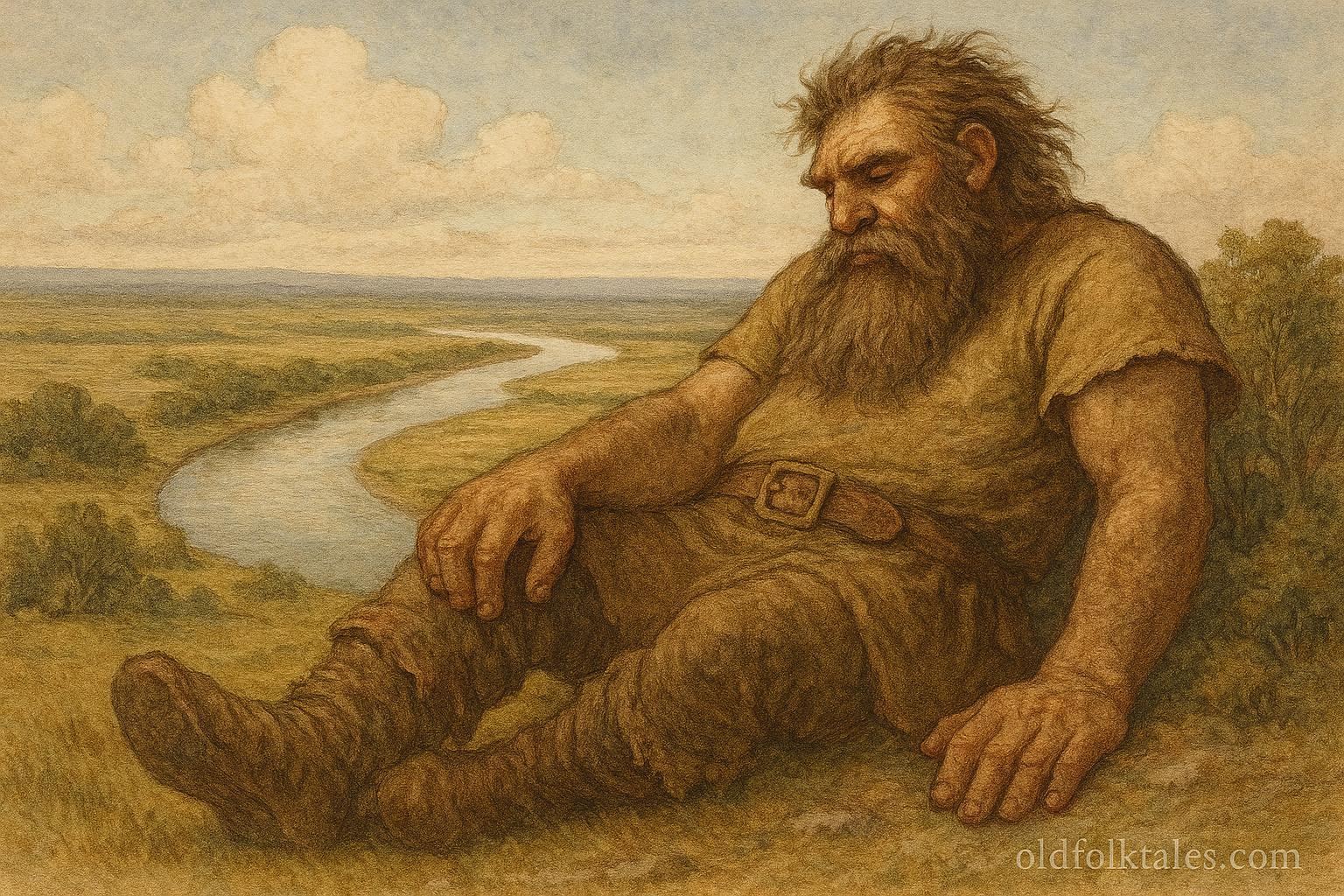 A gentle giant resting beside a wide curved Mississippi River, shaping the land as water flows around him.