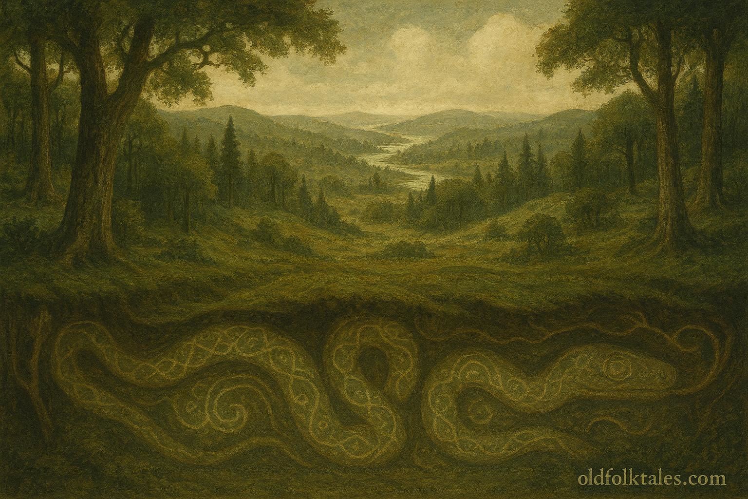 Symbolic illustration of the Great Serpent beneath the earth supporting land and rivers.