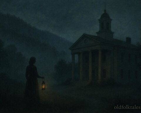 A ghostly female figure near a courthouse in the Appalachian mountains at night