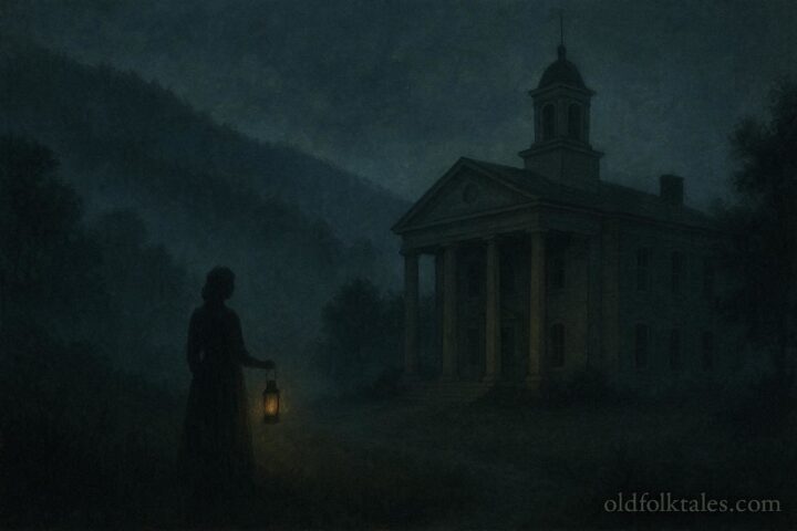 A ghostly female figure near a courthouse in the Appalachian mountains at night