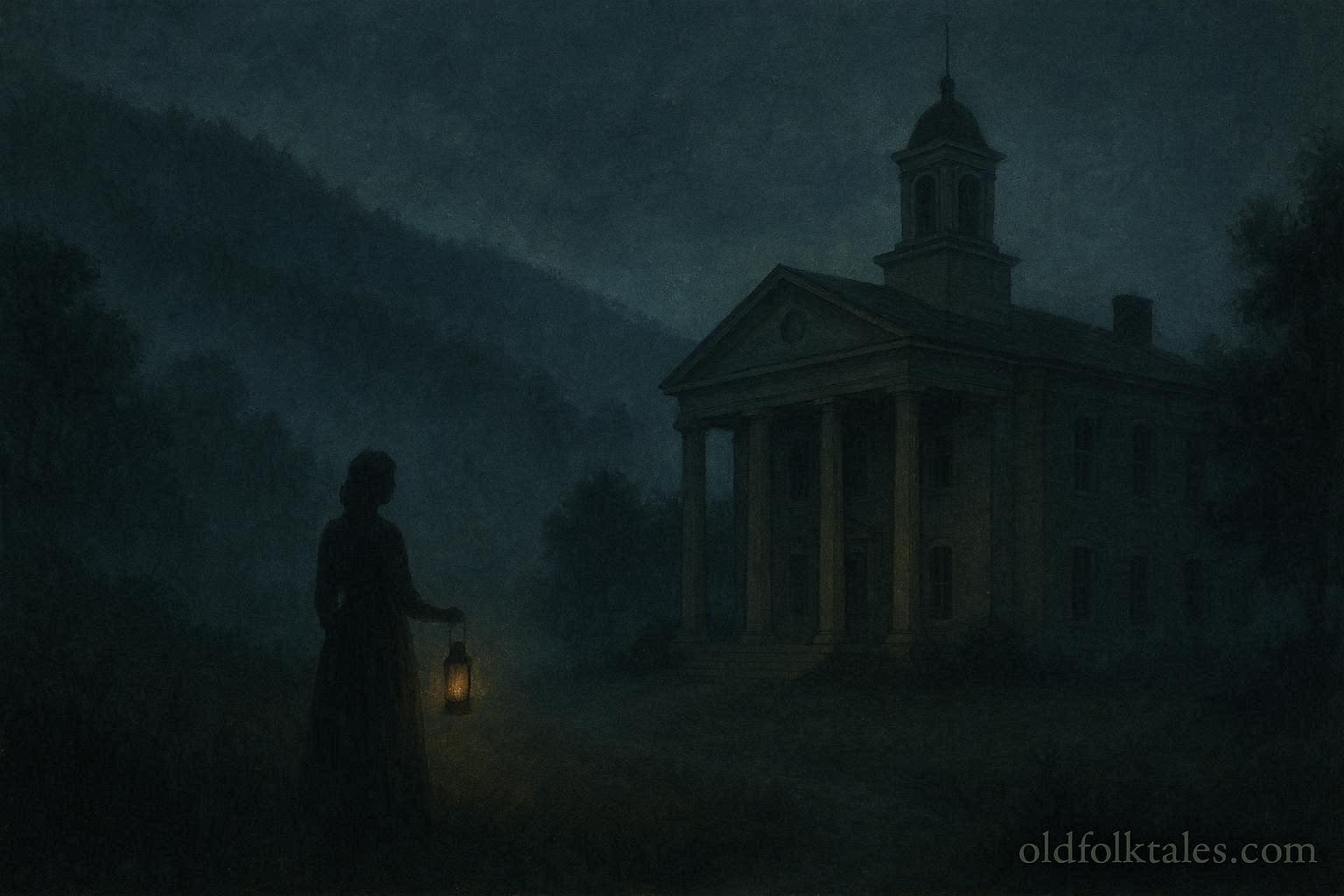 A ghostly female figure near a courthouse in the Appalachian mountains at night
