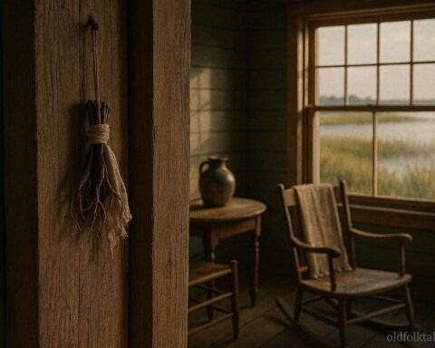 A Gullah Geechee root bundle hanging near a doorway for spiritual protection