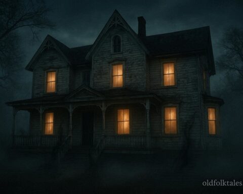 Southern Gothic haunted house at dusk with faint ghostly lights and shadowy mist around the porch