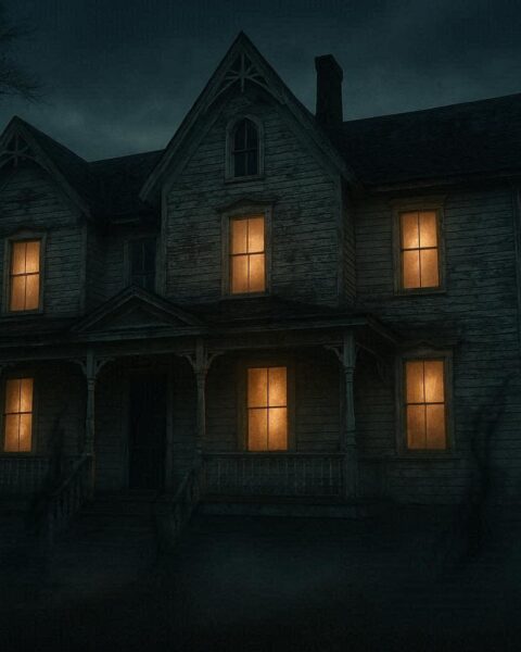 Southern Gothic haunted house at dusk with faint ghostly lights and shadowy mist around the porch